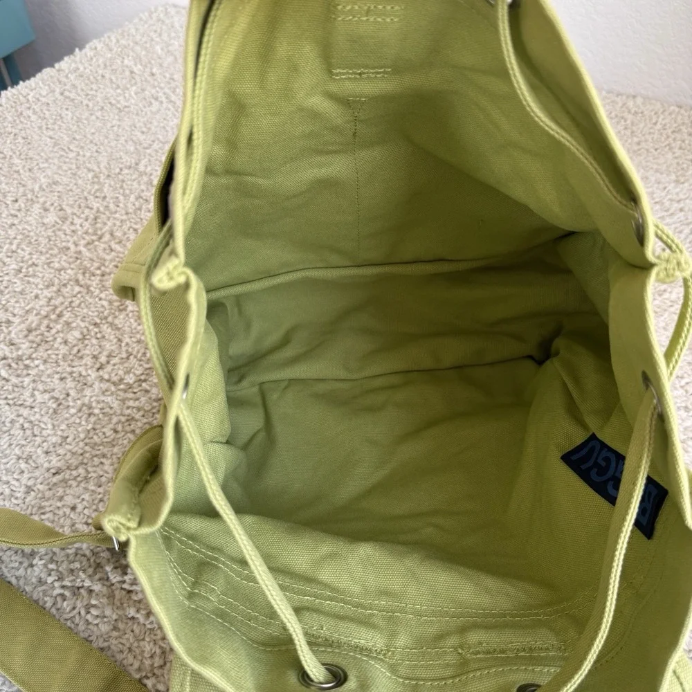BAGGU Green Canvas Drawstring Backpack Rucksack Flap Snap Adjustable Straps